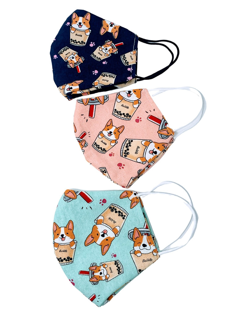 Corgi Boba Tea 3D Washable Face Mask (Navy) - PAWTY THINGS