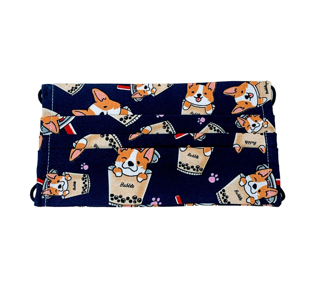 Corgi Boba Tea Pleated/Flat Washable Face Mask (Navy) - PAWTY THINGS