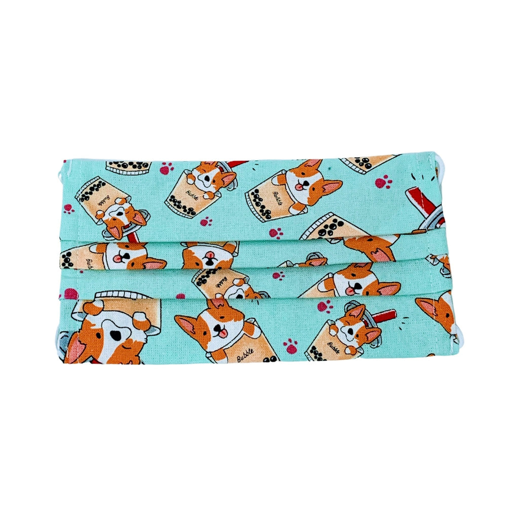 Corgi Bubble Tea Pleated Washable Face Mask (Flat) - PAWTY THINGS