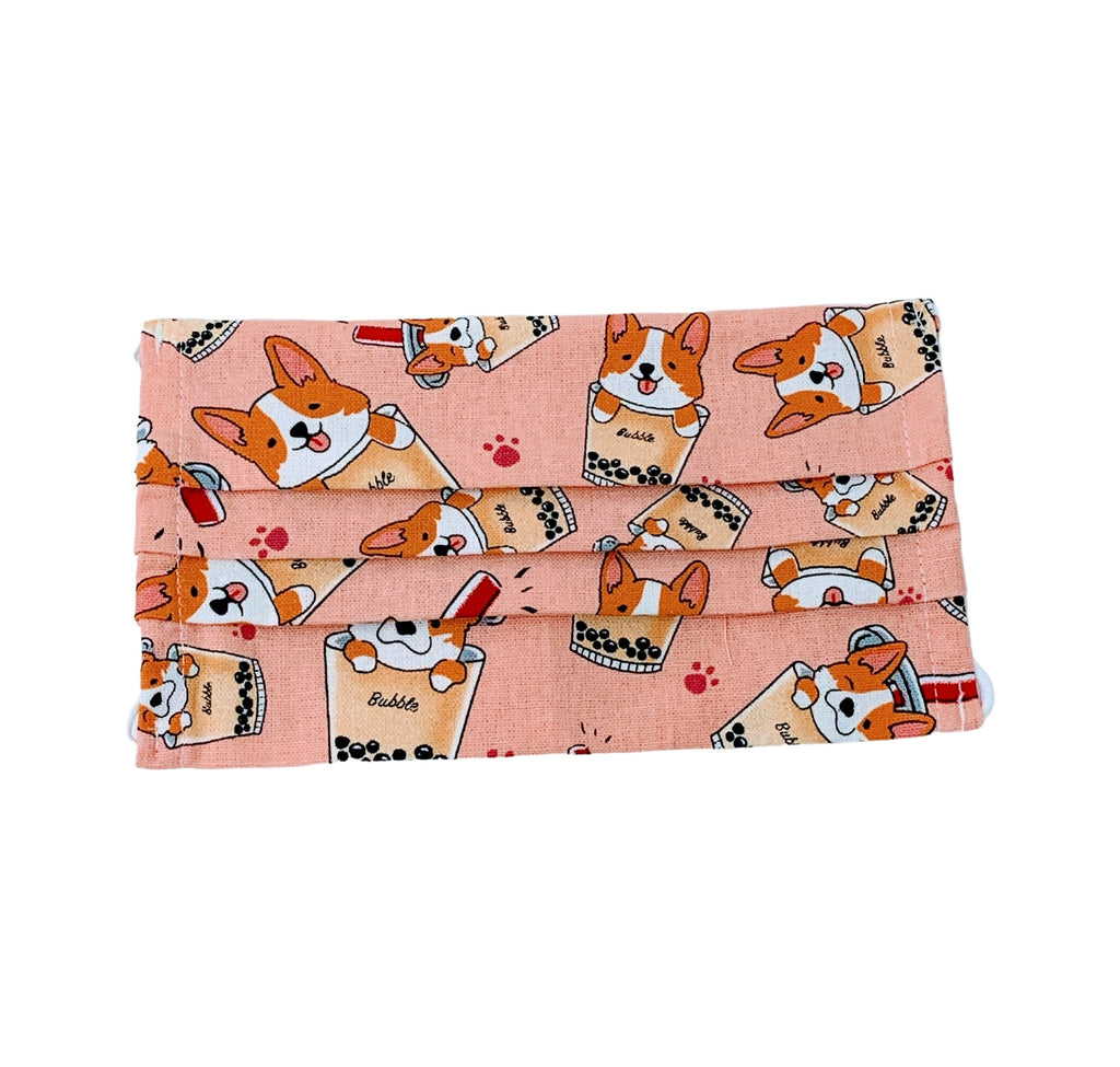 Corgi Bubble Tea Pleated Washable Face Mask (Flat) - PAWTY THINGS